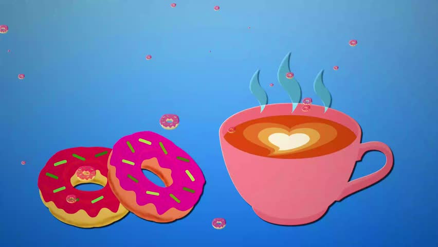 Video invitation 10 s 4K cartoon animation colorful text COFFEE and  DONUTS two donuts and coffee cup with heart shaped crema on blue background raining donuts eye catching and sweet 3.6 MB invitation