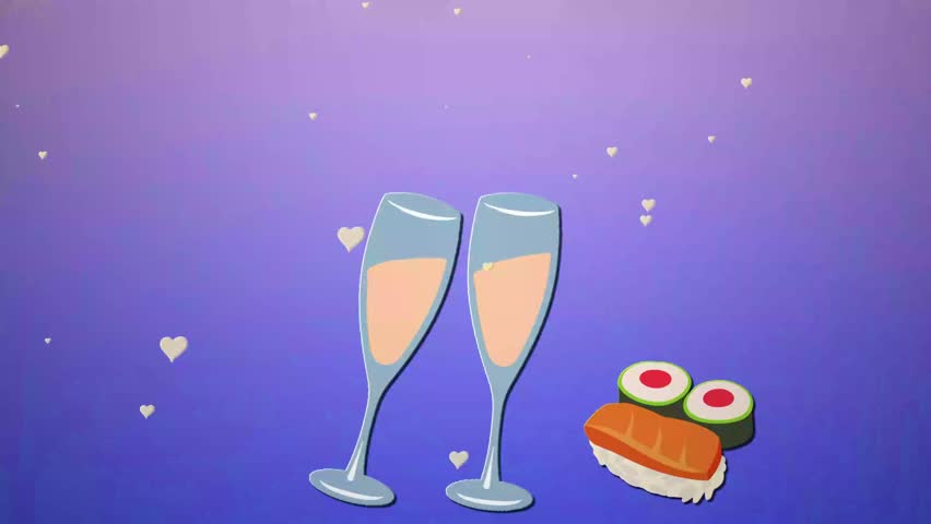 10 s video 4K animation golden text GOOD HEALTH! two champagne flutes next to delicious sushi on blue background raining golden hearts, a perfect way to send good wishes to family and friends, 3.3 MB 