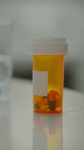 A person is holding an orange prescription bottle with a blank label in one hand, while a glass of water is visible on a table. The focus is on the medication container