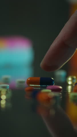 A hand reaches for colorful capsules and pills on a reflective surface, set against a blurred bottle of similar medication, evoking a focused yet chaotic atmosphere