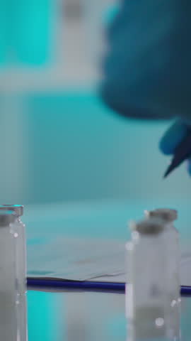 A researcher wearing gloves prepares vaccine doses in a sterile laboratory. Vials are placed on a clear surface while the researcher writes information nearby, focusing on accurate documentation