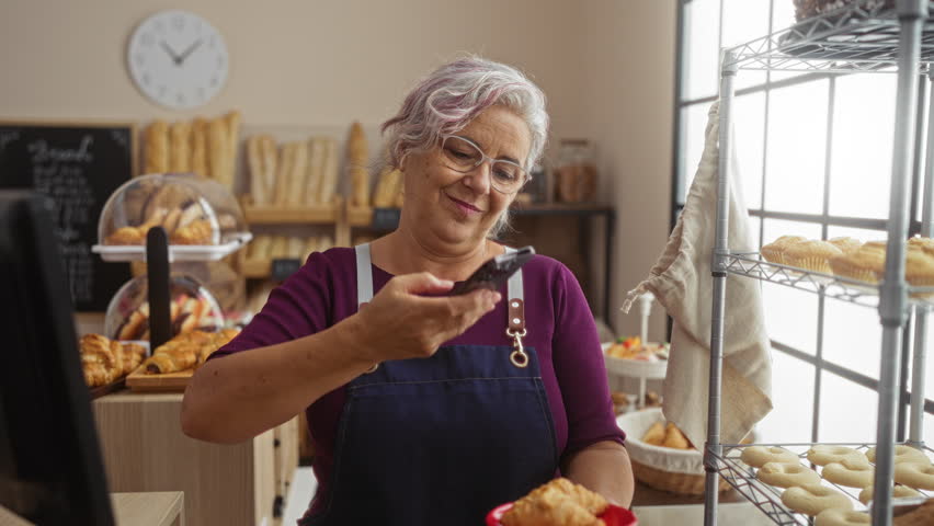 Woman taking photo of pastry in a bakery, surrounded by bread and pastries, smiling happily in an indoor setting.