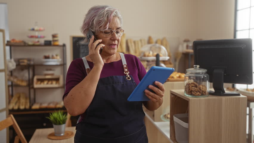 Mature woman in a bakery talking on the phone and using a tablet while standing behind the counter with shelves of bread and cookies in the background