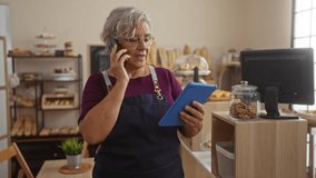 Mature woman in a bakery talking on the phone and using a tablet while standing behind the counter with shelves of bread and cookies in the background - Powered by Shutterstock - Get 15% off with code: PIKWIZARD15