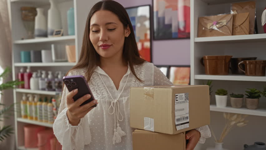 Woman holding packages and using smartphone in a home decor store, surrounded by shelves filled with decorative items and plants