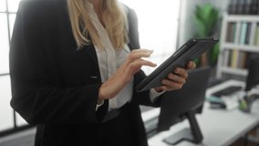 Woman with tablet smiling in modern office, wearing glasses and black suit, blonde hair illuminated by window light, depicts professional technology use and business environment. - Powered by Shutterstock - Get 15% off with code: PIKWIZARD15