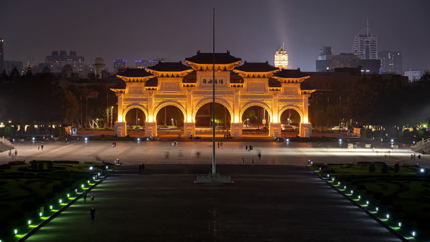 Night view of the Liberty Square main gate in Taipei, Taiwan. A time lapse clip