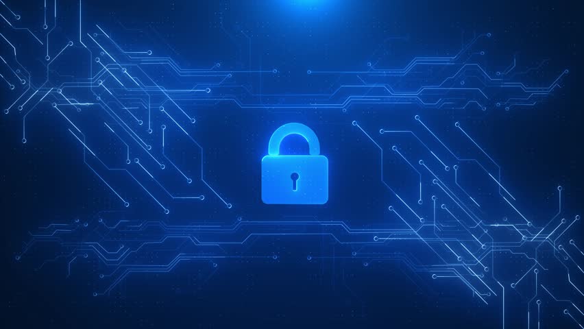 Cyber security and digital computer protection padlock symbol. Network, cyber technology and computer background. Ideal for cybersecurity and safety. Digital network protect from virus and malware 3D