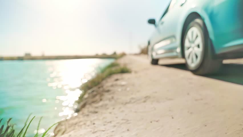 low angle trucking 4k footage of a car moving beside a lake with green grass in foreground at sunny day in Alexandria, Egypt. 