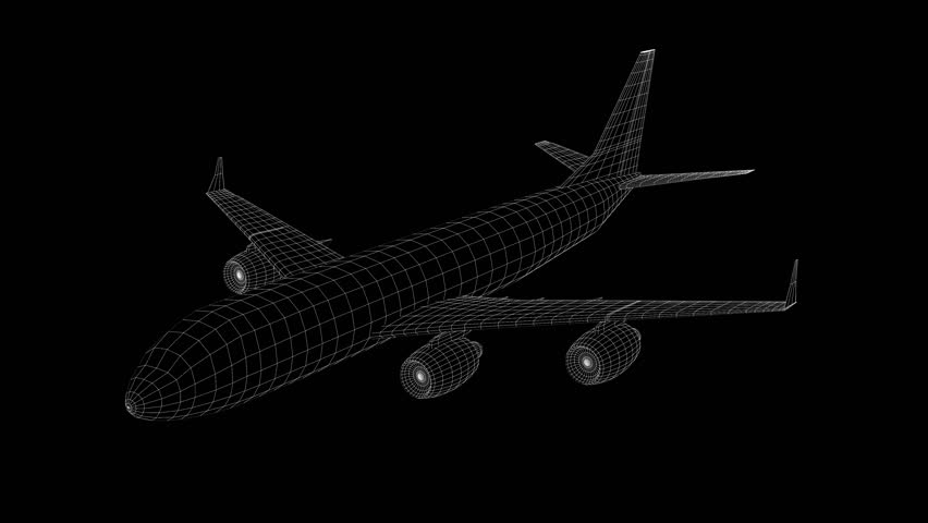 Airplane from grid white rotates on black background. 3D airplane concept digital technology.