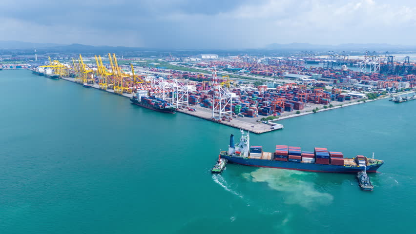 time lapse Shipyard Cargo Container Sea Port Freight forwarding service logistics and transportation. International Shipping Depot Custom Port for import export trade Transport Business manufacturing