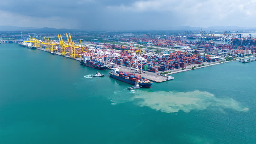 time lapse Shipyard Cargo Container Sea Port Freight forwarding service logistics and transportation. International Shipping Depot Custom Port for import export trade Transport Business manufacturing