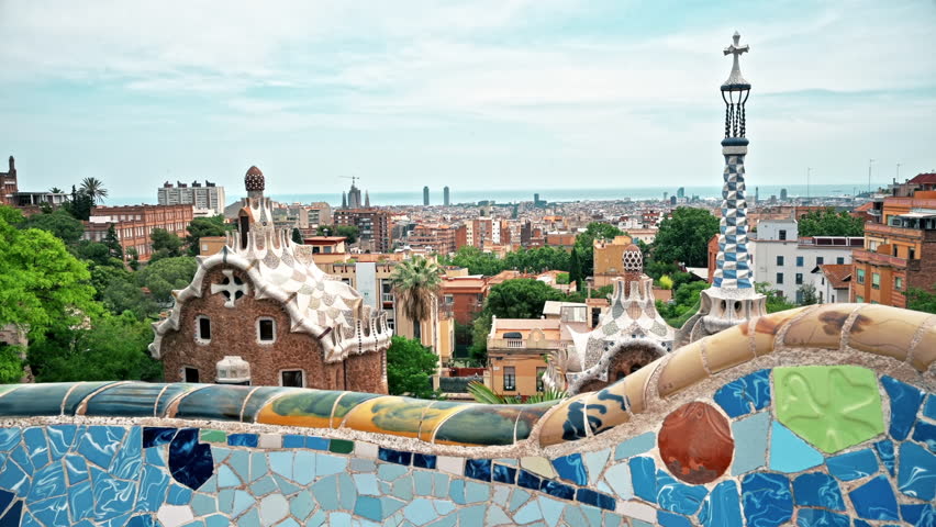 Panoramic view of Barcelona, multiple building's roofs, view from the Parc Guell, Spain