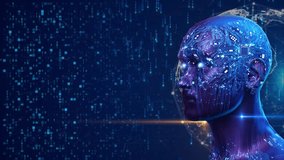 Electronic brain and Concept of artificial intelligence AI. Graphic of a digital brain and Chatbot Human head outline made from circuit board, circuit, quantum processor or chip inside a head 3D 4K - Powered by Shutterstock - Get 15% off with code: PIKWIZARD15