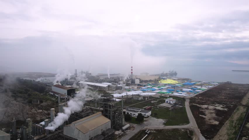 Phosphate Fertilizer Industry, Working Factory with Smoke up the Chimneys, Aerial Point of Interest Shot, Kavala Greece