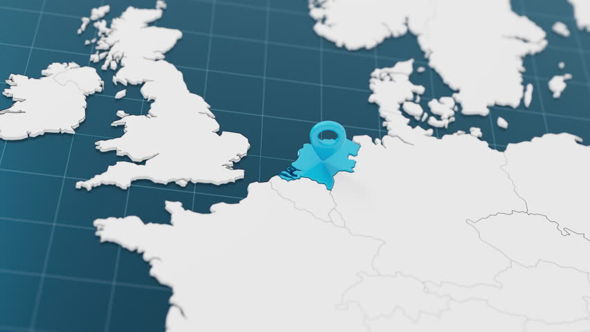 Highlight with blue of Netherlands 3d map with pointer pin surrounded with other countries in white. Europe political map with borders animation. 3d render