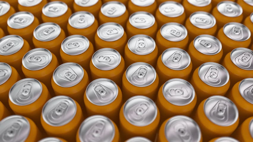 Realistic camera tracking over golden aluminum cans. Beverage industry. Looping video, 3d render