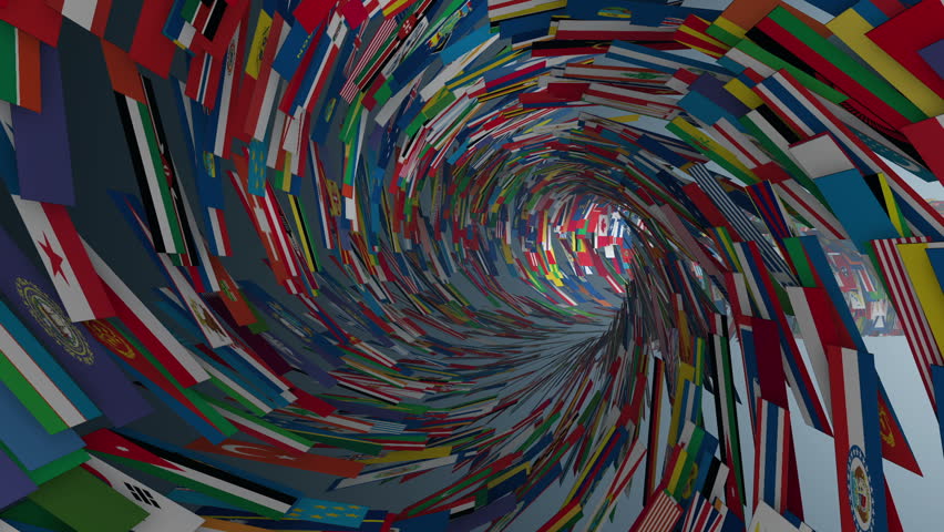 World Flags tunnel fly through with light bloom