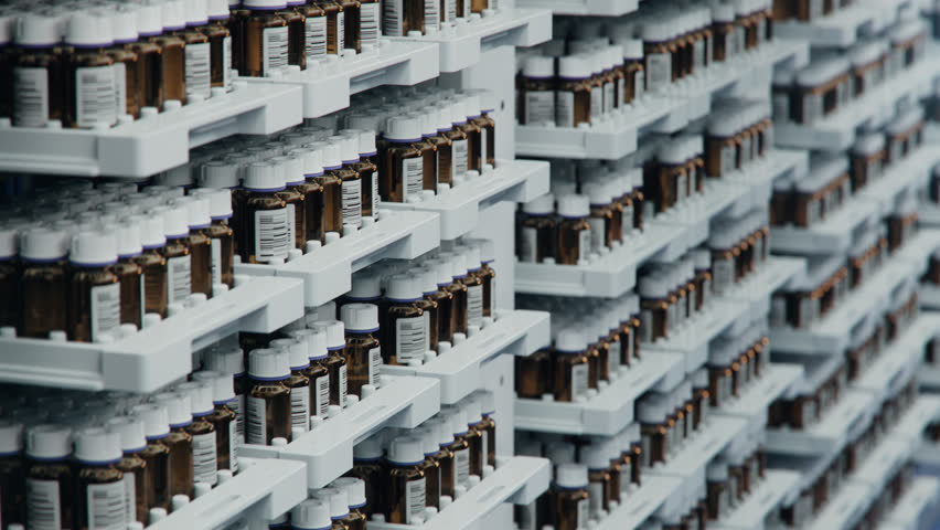 Brown Glass Vials on Shelfs inside Storage Area at Modern Pharmaceutical Factory. Medication Production Plant. Medicine Manufacturing Process.