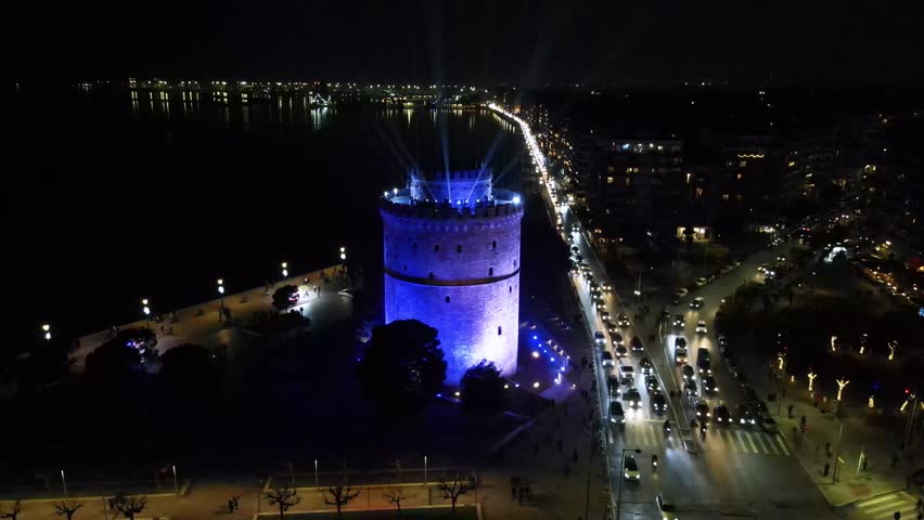 The illuminated White Tower during the celebrations at the city of Thessaloniki, Greece, to welcome the new year.