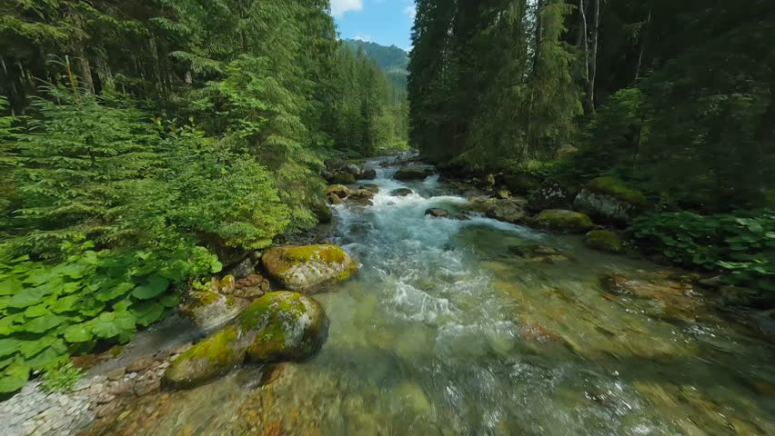 Flight over a mountain river. Shot on FPV drone. Tatra Mountains, Slovakia.