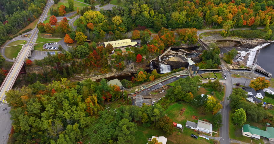Approaching waterfalls in Ausable Chasm in Adirondacks. Drone footage above the canyon in New York State, USA in autumn.