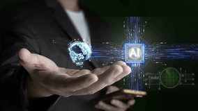 Open hand presenting digital globe hologram, circuit board with AI, numerical data, source code, radar screen. Depicts artificial intelligence, global technology, data processing concept. - Powered by Shutterstock - Get 15% off with code: PIKWIZARD15