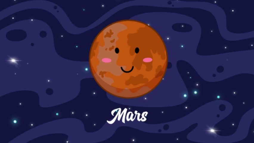 Mars planet animation vidio for astronomy science. Mars planet cartoon with space astrology background. 2d animated motion graphic design.