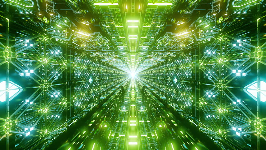 A detailed technology tunnel with flickering green neon lights, detailed walls and moving sci-fi mechanics on a seamless loop.