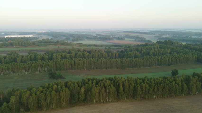 Morning fog over green fields and distant mountains