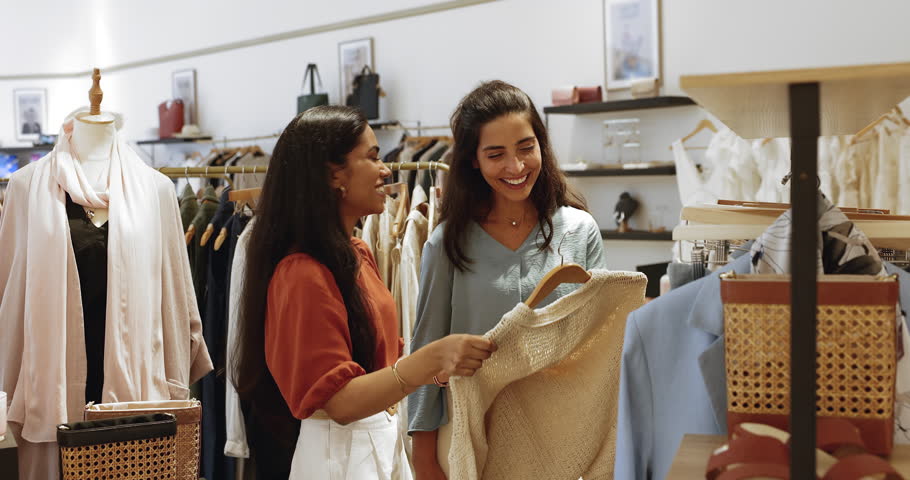 Two young women browsing through clothing racks, examining cream-colored knit sweater standing together in modern boutique store with various garments and accessories. Get customer services, shopping