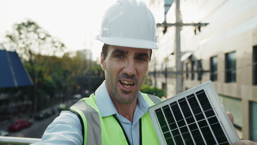 Portrait of man engineer in helmet demonstrating compact solar panel via video call. Specialist explains to buyer renewable energy benefits and advantages of solar panels looking at camera