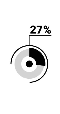 27 percent vertical donut chart. Circle round infographic, graphic animation for mobile social media and tv, twenty seven percentage diagram. Flat black and white design.