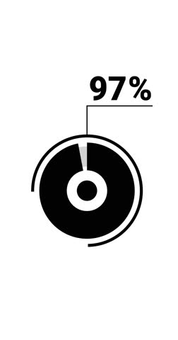 97 percent vertical donut chart. Circle round infographic, graphic animation for mobile social media and tv, ninety seven percentage diagram. Flat black and white design.