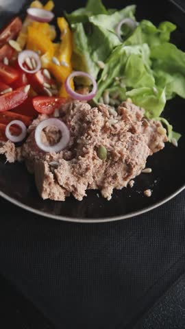 tuna salad fresh vegetables and seafood fresh tasty food dish delicious gourmet food background on the table rustic food top view copy space keto and paleo diet Vegetarian and pescetarian diet
