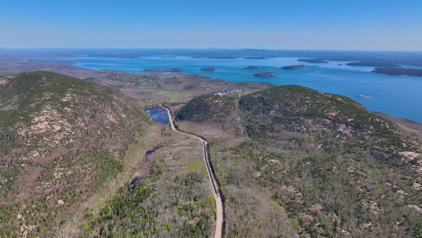 Acadia National Park aerial view including Bar Harbor, Bar Island Porcupine Islands and Cadillac Mountain, Mt Desert Island, Maine ME, USA.  