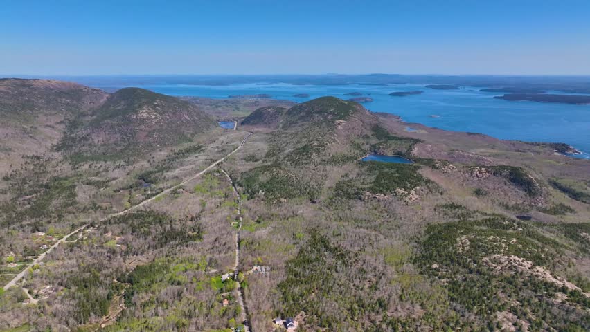 Acadia National Park aerial view including Bar Harbor, Bar Island Porcupine Islands and Cadillac Mountain, Mt Desert Island, Maine ME, USA.  