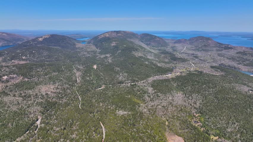 Acadia National Park aerial view including Cadillac Mountain, Hunters Beach Cove and Park Loop Road, Mt Desert Island, Maine ME, USA.  