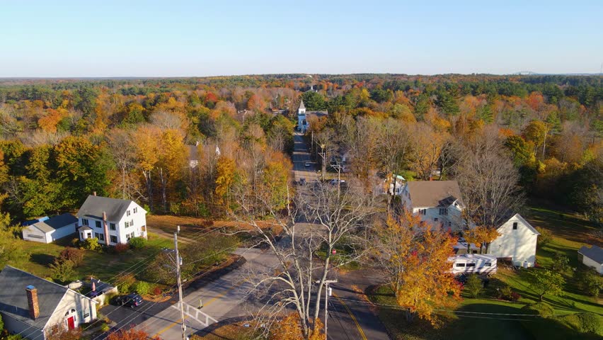 Eliot historic town center aerial view in fall on Eliot Common, town of Eliot, Maine ME, USA. 