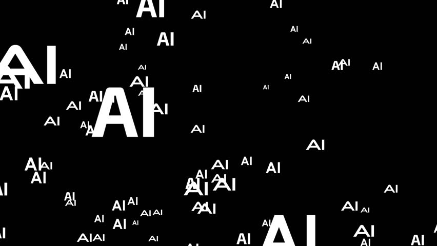 A futuristic and minimalist animation featuring floating white flat "AI" text on a black background, perfect for modern tech visuals.