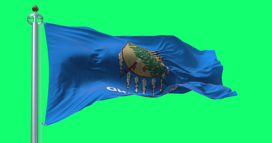 The Oklahoma state flag waving isolated on green background. Seamless 3D render animation. Chroma key. Slow motion loop. Green screen. 4K.