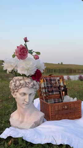 A classical bust adorned with vibrant roses and peonies sits on a picnic blanket, accompanied by a charming wicker basket filled with painting supplies. 