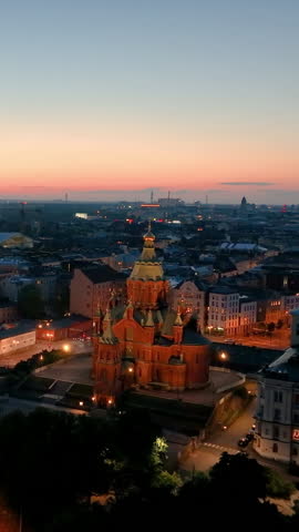 Aerial Vertical view of famous places architectural landmarks Helsinki Uspenski Cathedral. Helsinki, Finland.