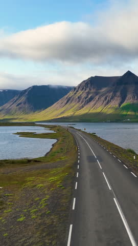 Aerial Vertical view of ocean coast at West Fjords of Iceland