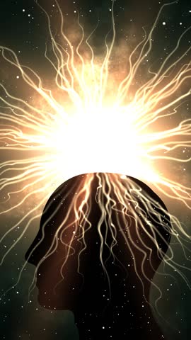 Human head silhouette with particle explosion effect above the head
