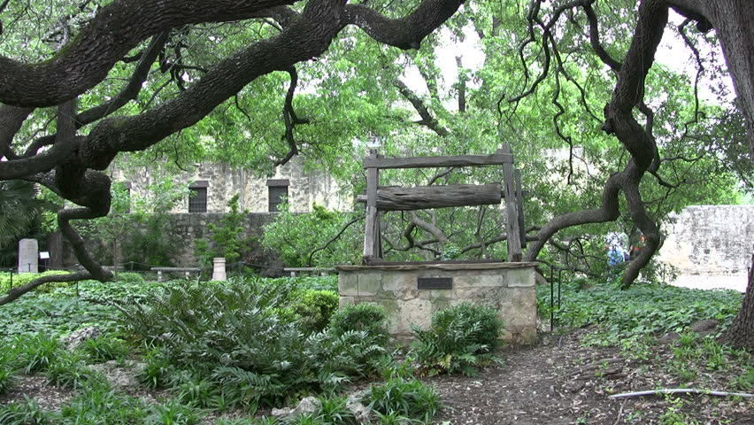Video of the courtyard, well and giant oak tree of the Alamo shrine in San Antonio Texas. Historic famous building. 