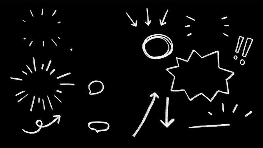 Set of cute doodle icons, wiggle animation stickers: Aura, sunray, speech bubbles, rough circle, exclamation, arrows, pint, underline, shouting chat box, on a transparent background, alpha channel