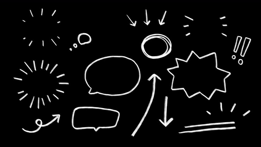 Set of cute doodle icons, wiggle animation stickers: Aura, sunray, speech bubbles, rough circle, exclamation, arrows, pint, underline, shouting chat box, on a transparent background, alpha channel