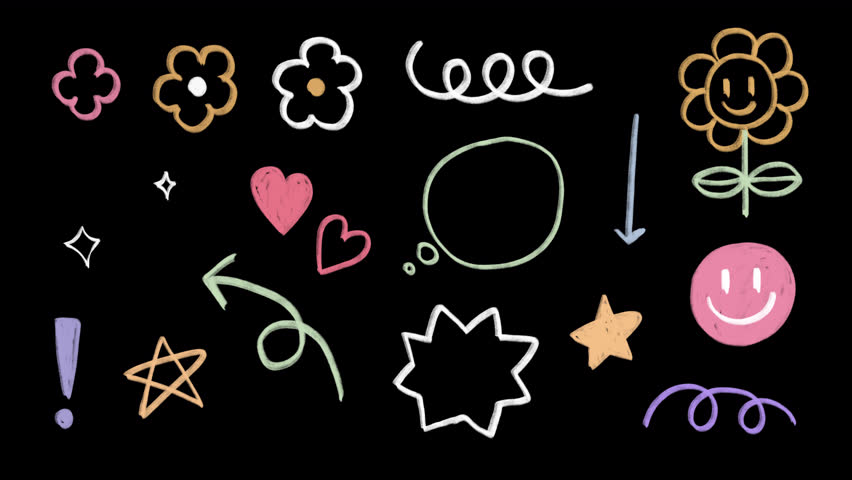 Set of Hand-drawn cute shapes, kid style, colorful icons: wiggle animation, pencil crayon, rough chalk, flowers, sparkles, speech, arrows, star, sketching elements on a transparent background, alpha