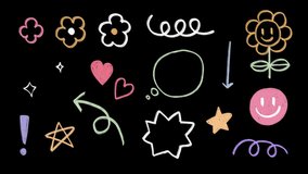Set of Hand-drawn cute shapes, kid style, colorful icons: wiggle animation, pencil crayon, rough chalk, flowers, sparkles, speech, arrows, star, sketching elements on a transparent background, alpha - Powered by Shutterstock - Get 15% off with code: PIKWIZARD15